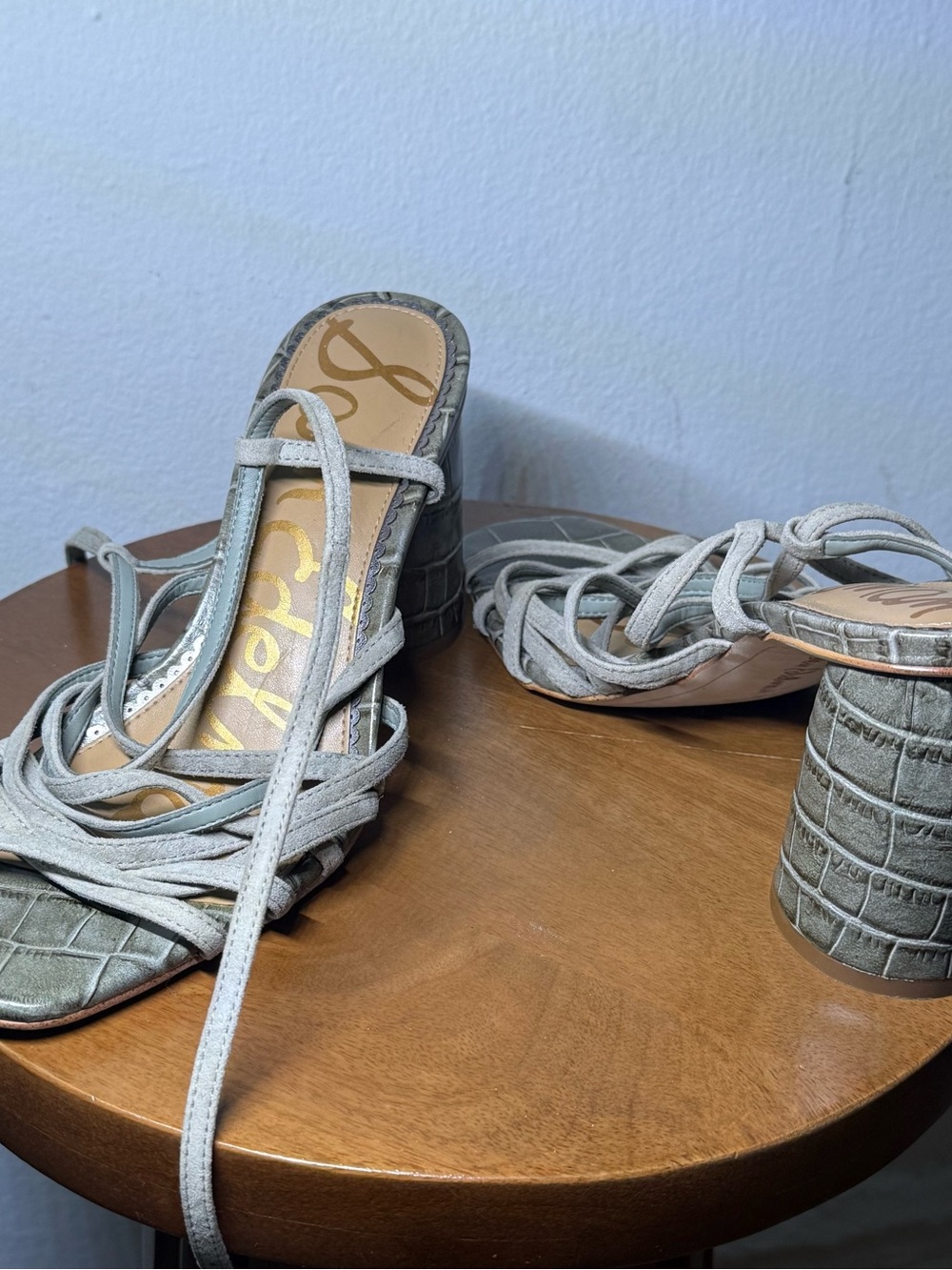 Sam Edelman Sage Green Croc-Embossed Lace-Up Block Heel Sandals